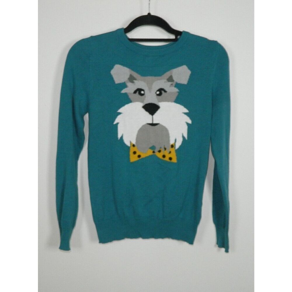 Louche Sweater Jumper  Size 10  Turquoise Dog Schnauzer‎ Novelty Print Cotton